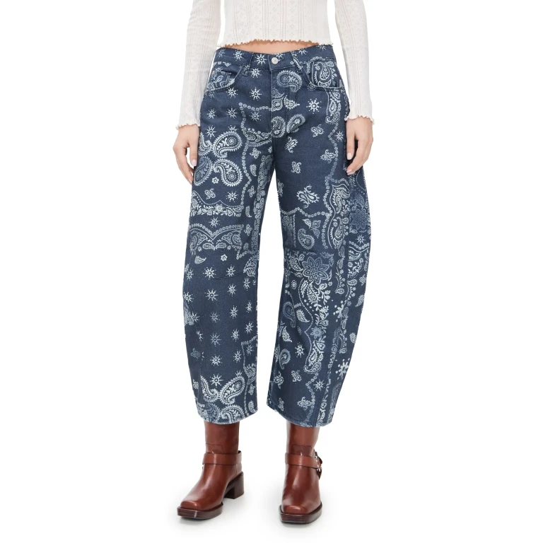 Free People Good Luck Printed Barrel Jeans Navy Bandana 26