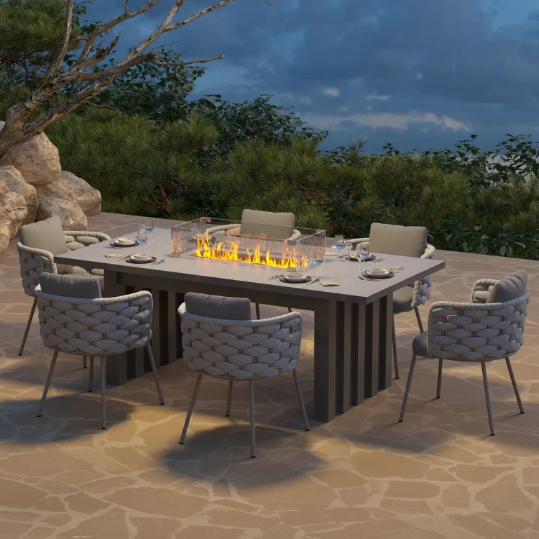 7 PCS Outdoor Propane Fire Pit Table & Rope Woven Armchair Rectangular Outdoor Dining Set Modern Yard &Ptio Furniture for 6 Person in Gray