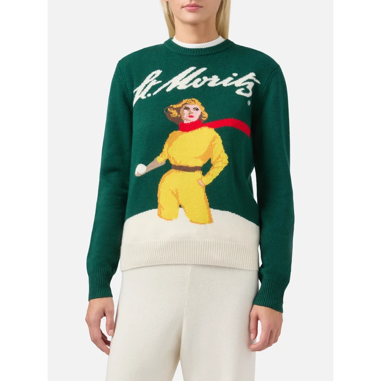 Mc2 Saint Barth New Queen Cashmere-Blend Sweater Green With St. Moritz Postcard Jacquard Special Edition - Women