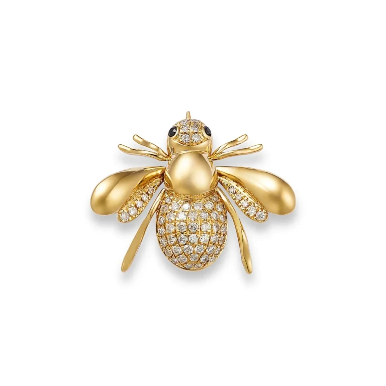 Black & White Diamond Bee Brooch in 14K Yellow Gold, 0.25 tcw