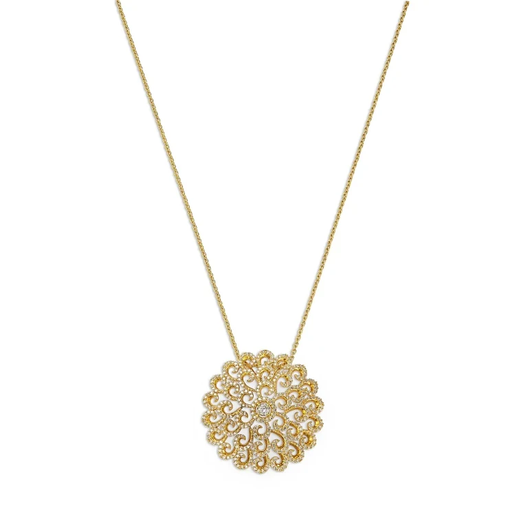 Diamond Filigree Medallion Pendant Necklace in 14K Yellow Gold, 1.0 tcw