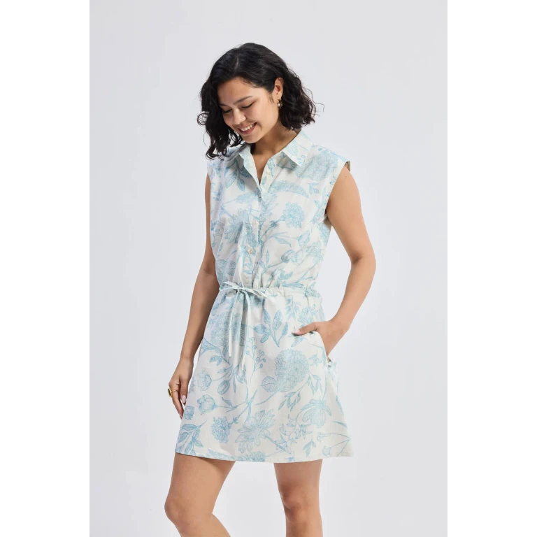 Drawstring Shirt Dress in Blue Florals