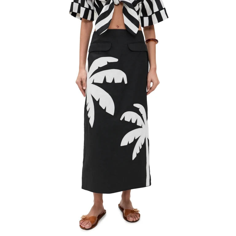 FARM Rio Embroidered Palm Tree Maxi Skirt Black M