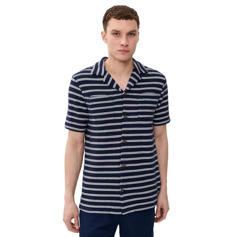 Polo Ralph Lauren Short Sleeve Stripe Knit Collared Shirt Newport Navy/Pale Cream L