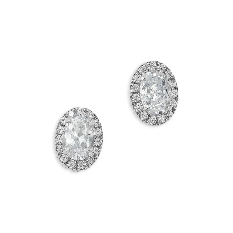Oval Diamond Halo Stud Earrings in 14K White Gold, 1.0 tcw