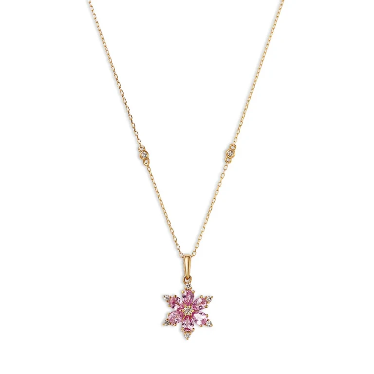 Pink Sapphire & Diamond Flower Pendant Necklace in 14K Yellow Gold, 18