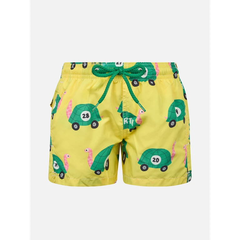 Mc2 Saint Barth Boy Lightweight Fabric Swim-Shorts Jean Lighting With Turtle Print Yellow Swimshort