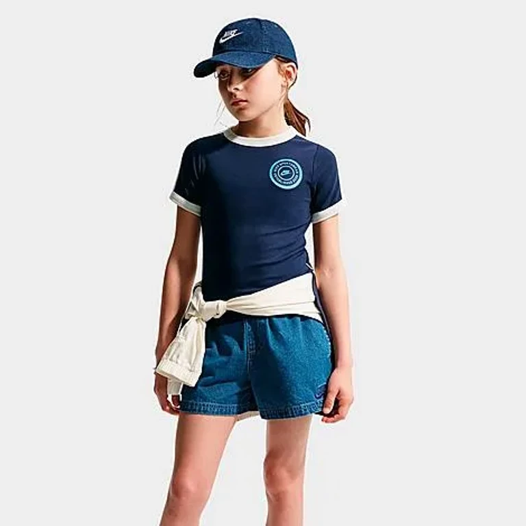 Nike Girls' Big Kids Sportswear Ribbed Short-Sleeve Top in Midnight Navy/Soft Pearl/Midnight Navy Size: XS
