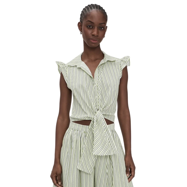 Cinq à Sept Sophie Stripe Flutter Sleeve Marianna Top Ivory/Lime S