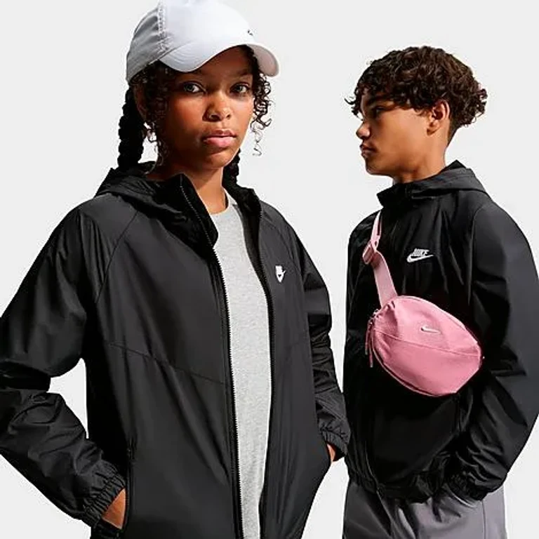 Nike Big Kids Sportswear Windrunner Hooded Repel Full-Zip Jacket in Black/White Size: XS