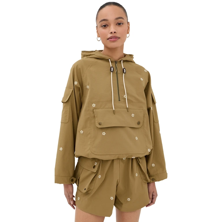 THE GREAT. Outdoors Cropped Trailhead Pullover Khaki w/ Daisy Embroidery L