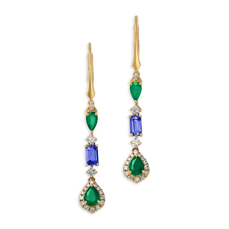 Emerald, Tanzanite & Diamond Linear Drop Earrings in 14K Yellow Gold