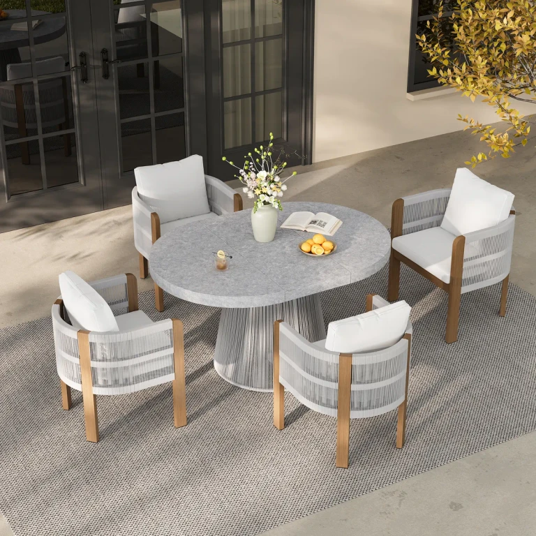 5 PCS Extendable Patio Outdoor Dining Set with 4 Chairs Exterior Furniture for 4 Person in White Cushion & Pillow Included