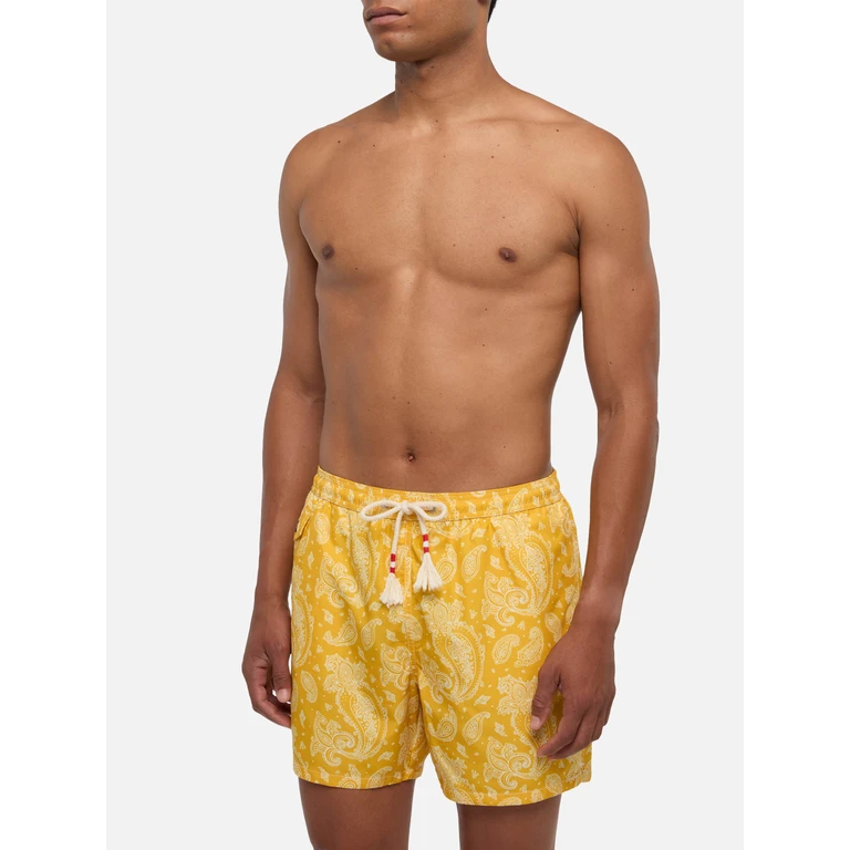 Mc2 Saint Barth Man Light Fabric Swim Shorts With Ochre Paisley Print Yellow Swimshort - Men