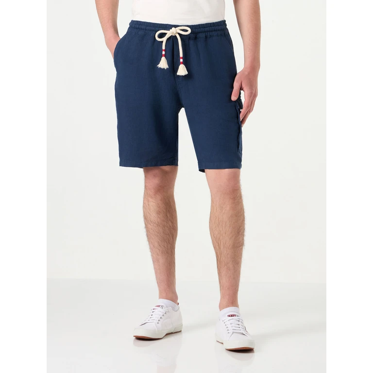 Mc2 Saint Barth Man Linen Blue Navy Bermuda Shorts Pant - Men