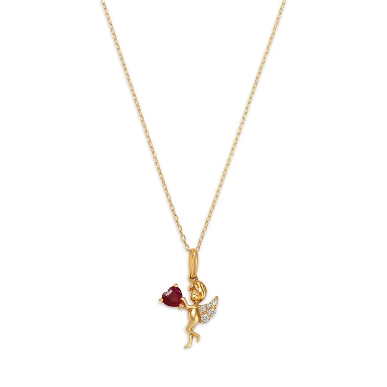 Ruby & Diamond Cupid Heart Pendant Necklace in 14K Yellow Gold, 18