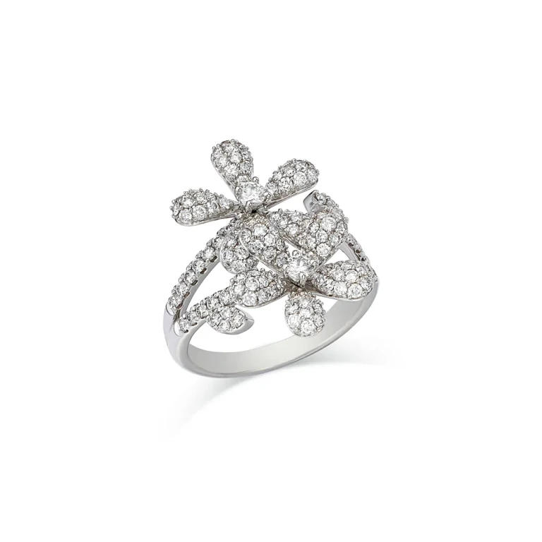 Diamond Pave Double Flower Ring in 14K White Gold, 1.45 tcw