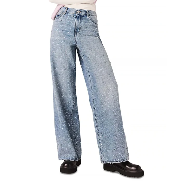 Maje Rhinestone Wide Leg Jeans in Blue