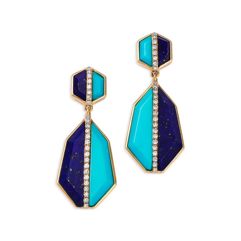 Lapis Lazuli, Turquoise & Diamond Geometric Drop Earrings in 14K Yellow Gold