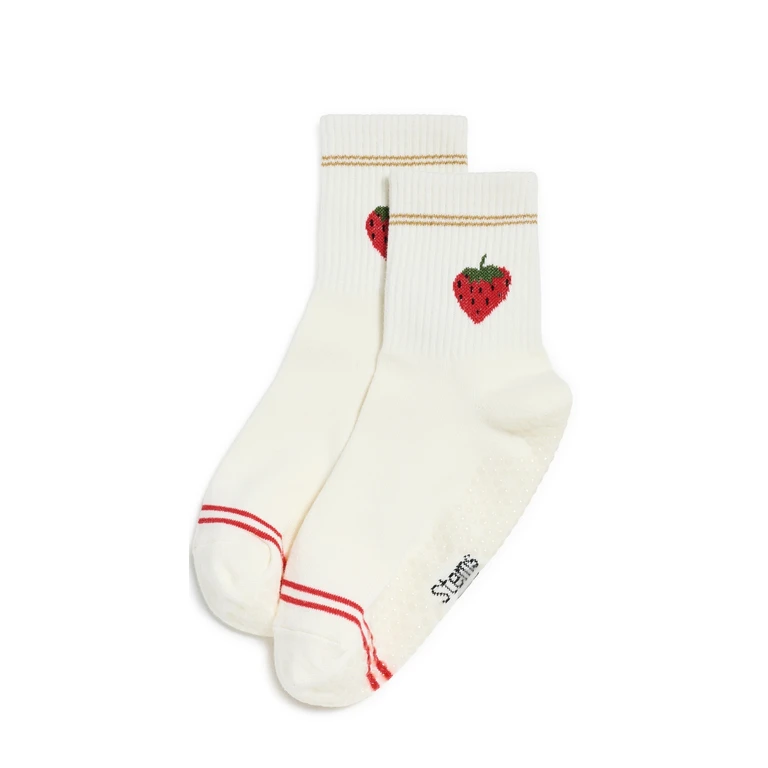 Stems Strawberry Grip Crew Socks Ivory One Size