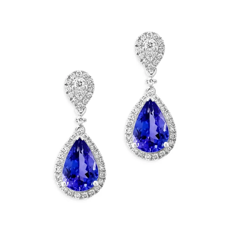 Tanzanite & Diamond Pear Drop Earrings in 14K White Gold