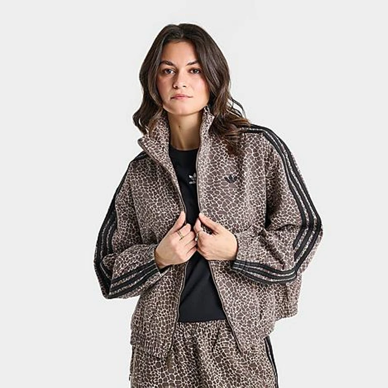 adidas Women's Originals Allover Print Firebird Oversized Track Jacket in Earth Strata/Stone Khaki Size: XS