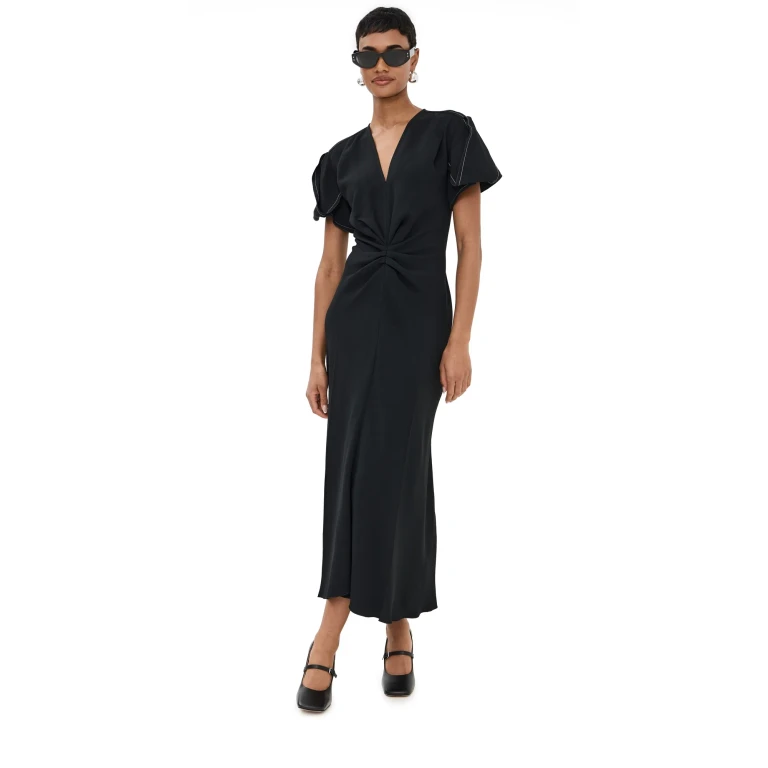 Victoria Beckham Gathered V Neck Midi Dress Black 6