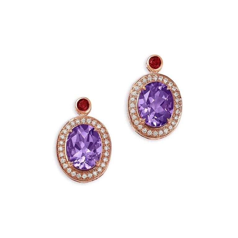 Amethyst, Garnet & Diamond Halo Stud Earrings in 14K Rose Gold