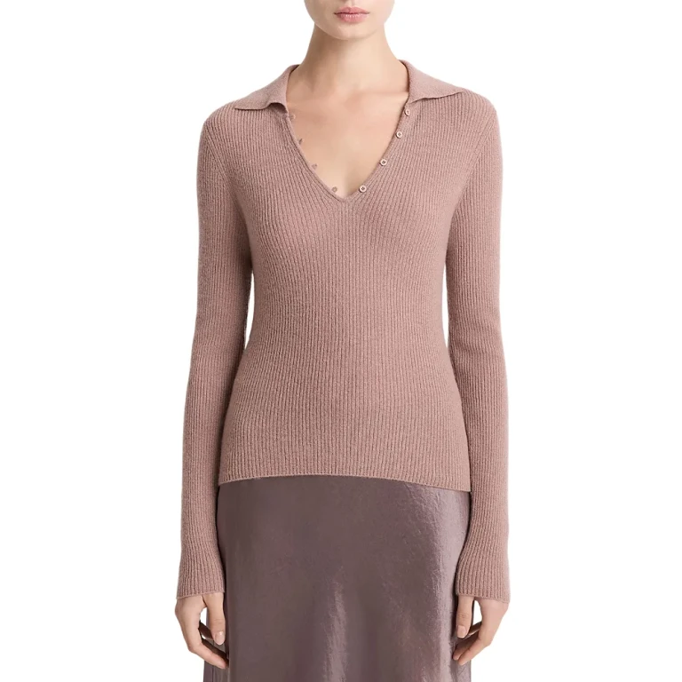 Vince Cashmere Silk Ribbed Button Loop Polo Top