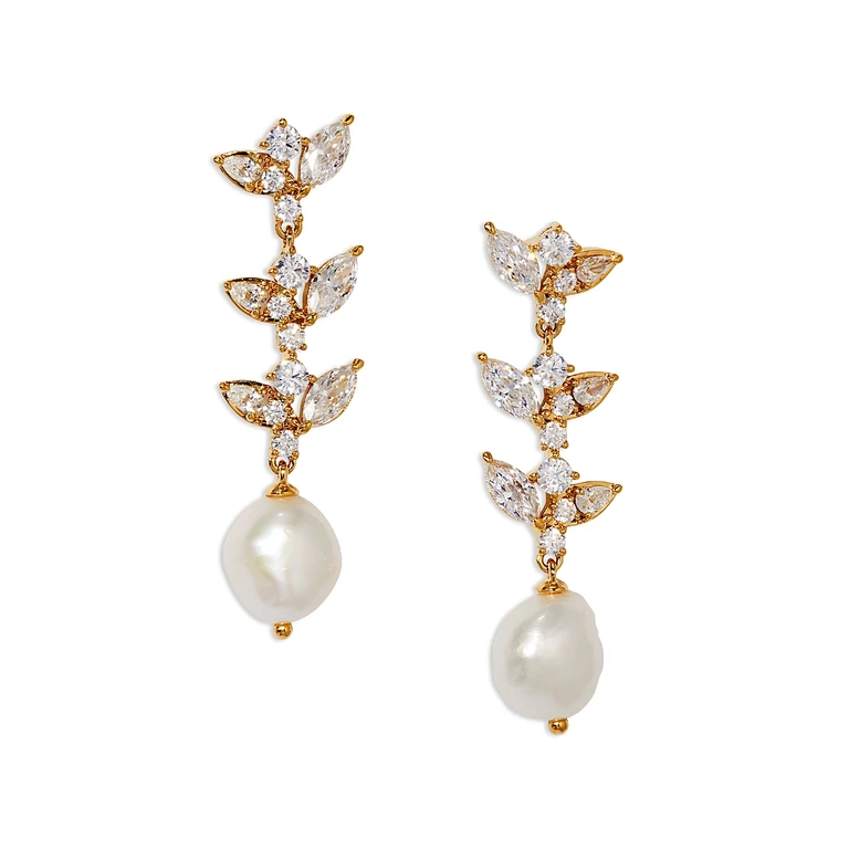 Nadri Ravish Cubic Zirconia & Freshwater Pearl Linear Drop Earrings in Gold Tone