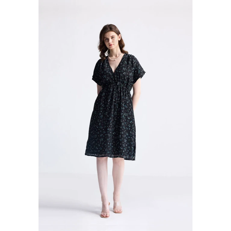 Gathered Knee-length Dress in Dark Blue Florals