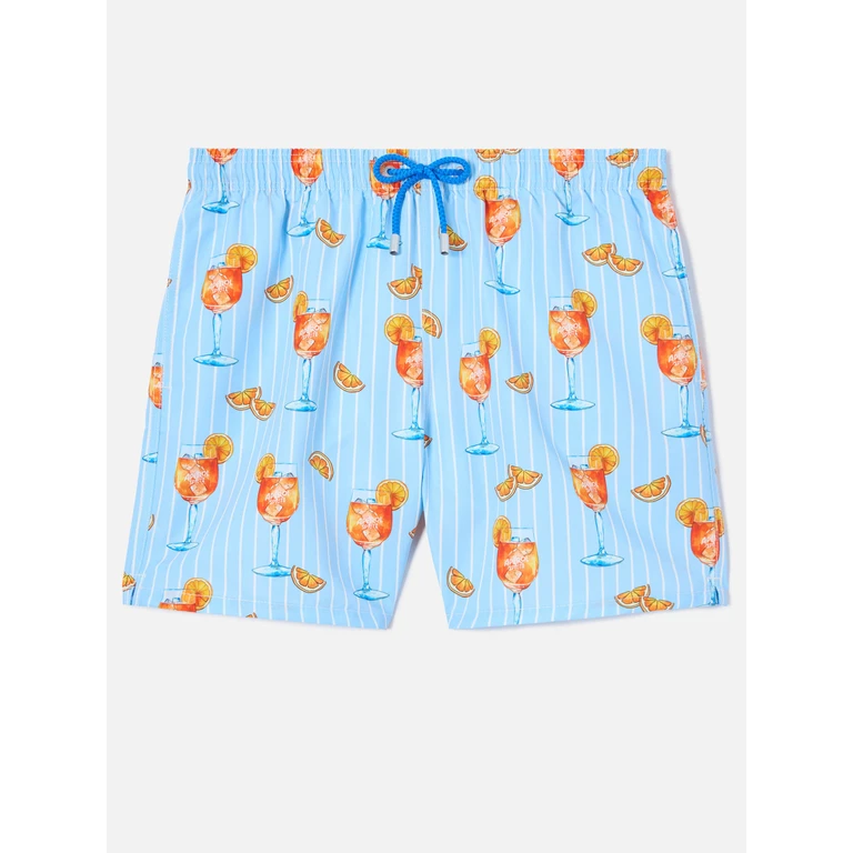 Mc2 Saint Barth Gustavia Striped Swim Shorts With Cocktail Print Special Edition Blue Swimshort - Men