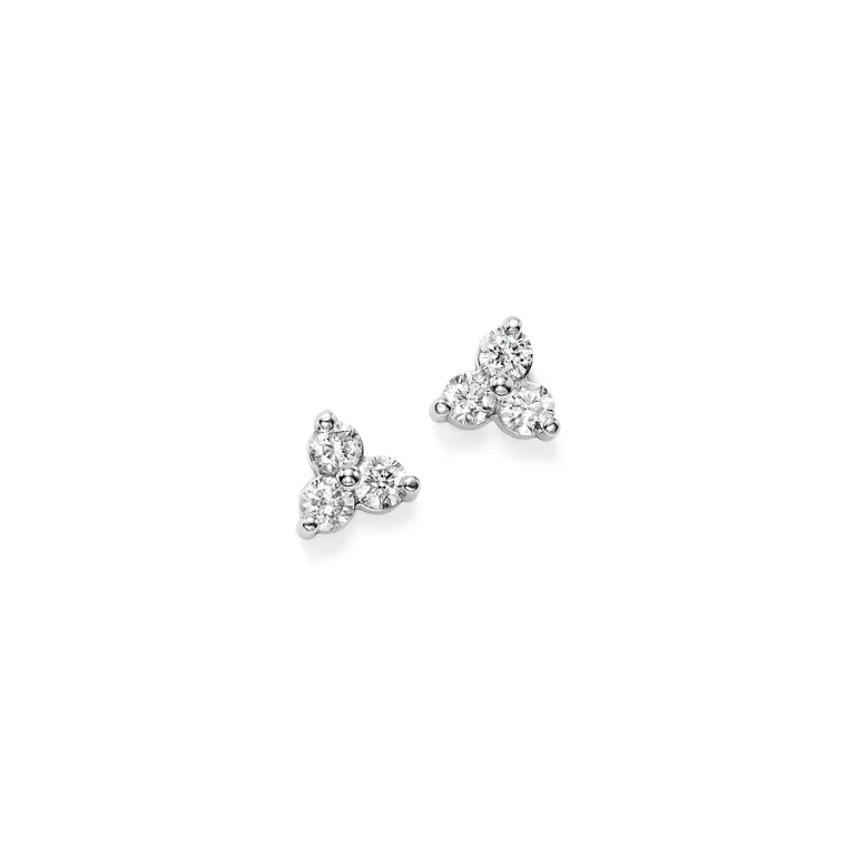Diamond Three Stone Stud Earrings in 14K White Gold, 0.20 tcw