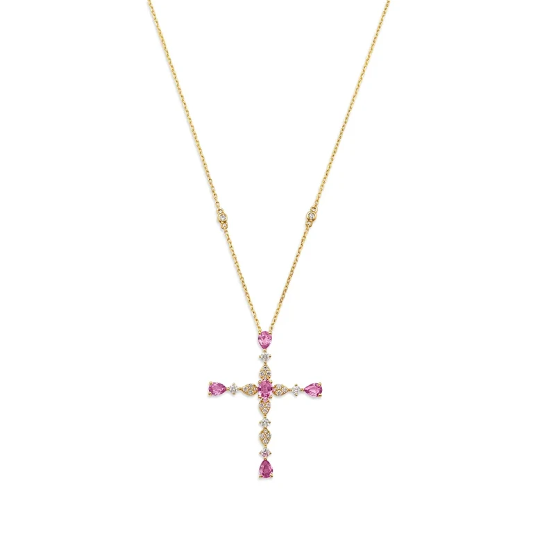 Pink Sapphire & Diamond Cross Pendant Necklace in 14K Yellow Gold