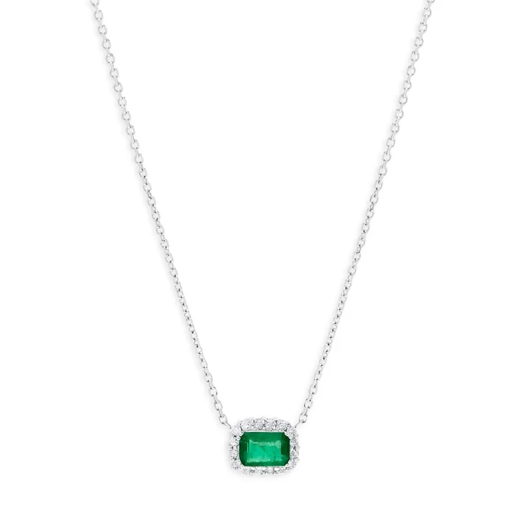 Emerald & Diamond Halo Pendant Necklace in 14K White Gold, 16