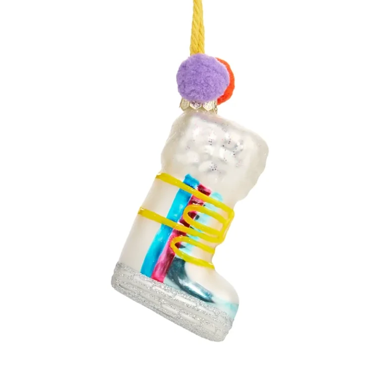 Glass Ski Boot with Pom Poms Ornament - Exclusive
