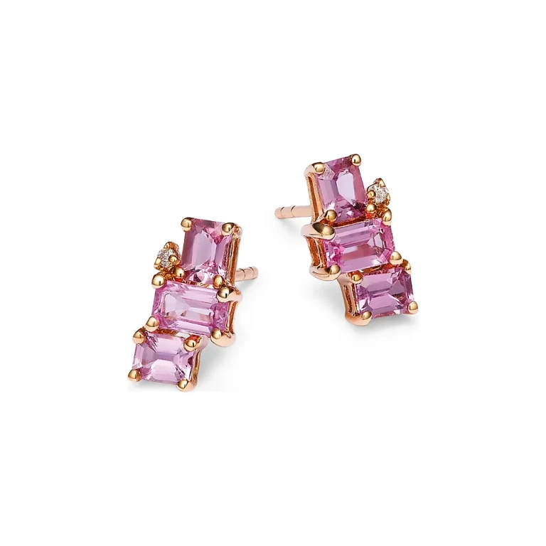 Pink Sapphire & Diamond Stud Earrings in 14K Rose Gold