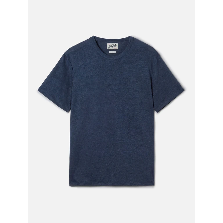 Mc2 Saint Barth Blue Ecstasea Pure Linen T-Shirt With Logo Embroidery - Men