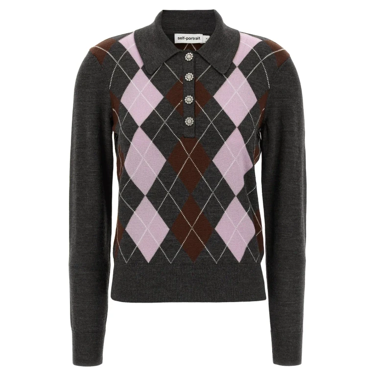 self-portrait grey Argyle Lightweight Sweater