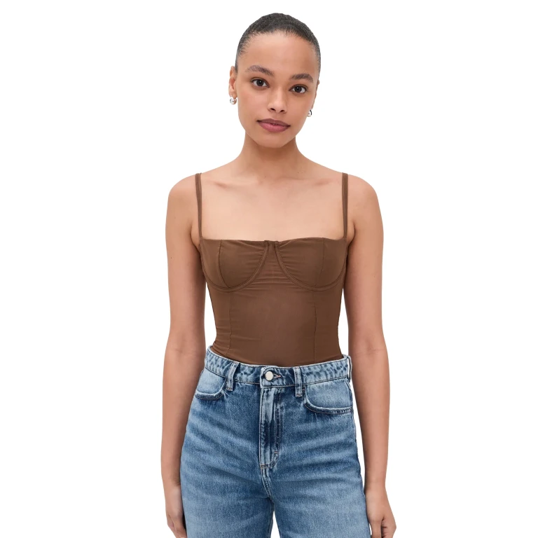 Good American Mesh Bustier Thong Bodysuit Saddlewood XL