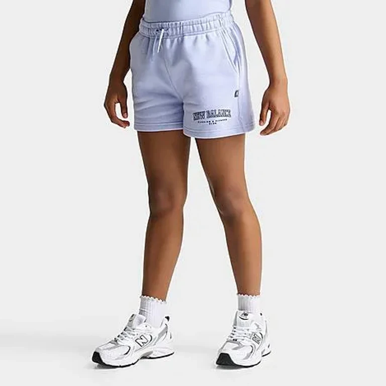 New Balance Girls' Big Kids Arch Logo Fleece Shorts in Daybreak Size: Small