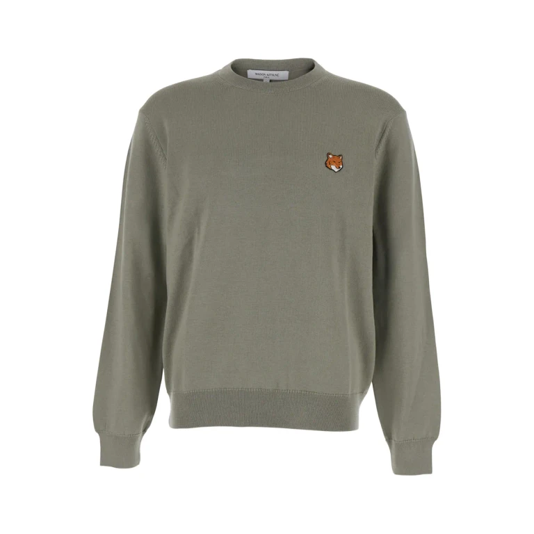 Maison Kitsuné Green Crew Neck Sweater With Fox Patch On The Front In Wool Man