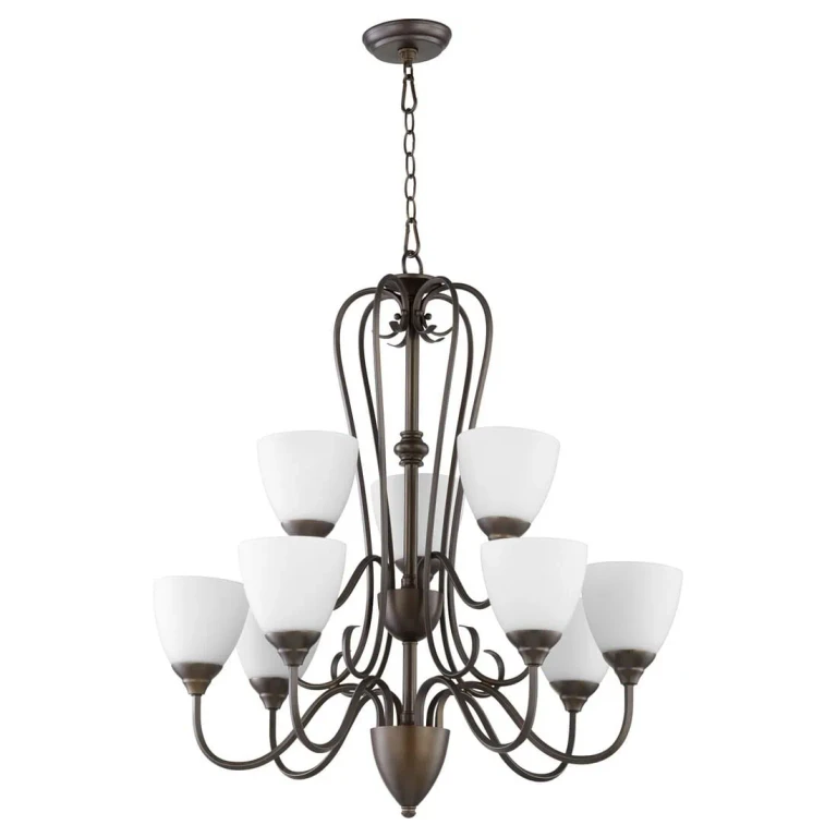 Quorum Powell 9-Light 32" Transitional Chandelier in Oiled Bronze with Satin Opal