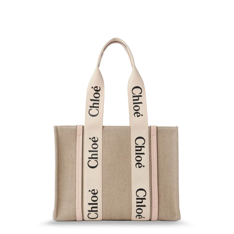 Chloé Beige medium Woody Handbag With Logo In Linen Canvas Women