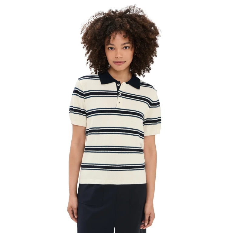 DUNST Unisex Multi Striped Polo Knit Cream/Navy S