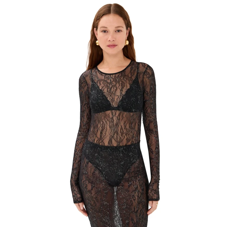 WARDROBE. NYC Lace Thong Bodysuit Black / Silver M