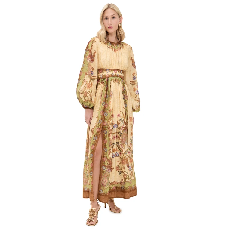 Zimmermann Indra Waisted Maxi Dress Cream Khaki Scarf Floral 4