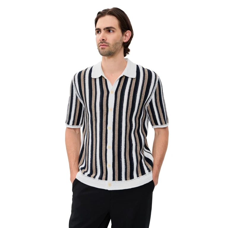 Wax London Stripe Crochet Porto Shirt Ecru/Black XL