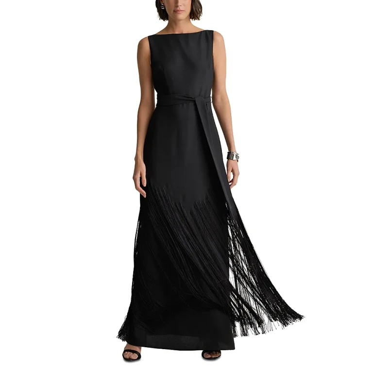 St. John 70s Inspired Fringed Satin Gown