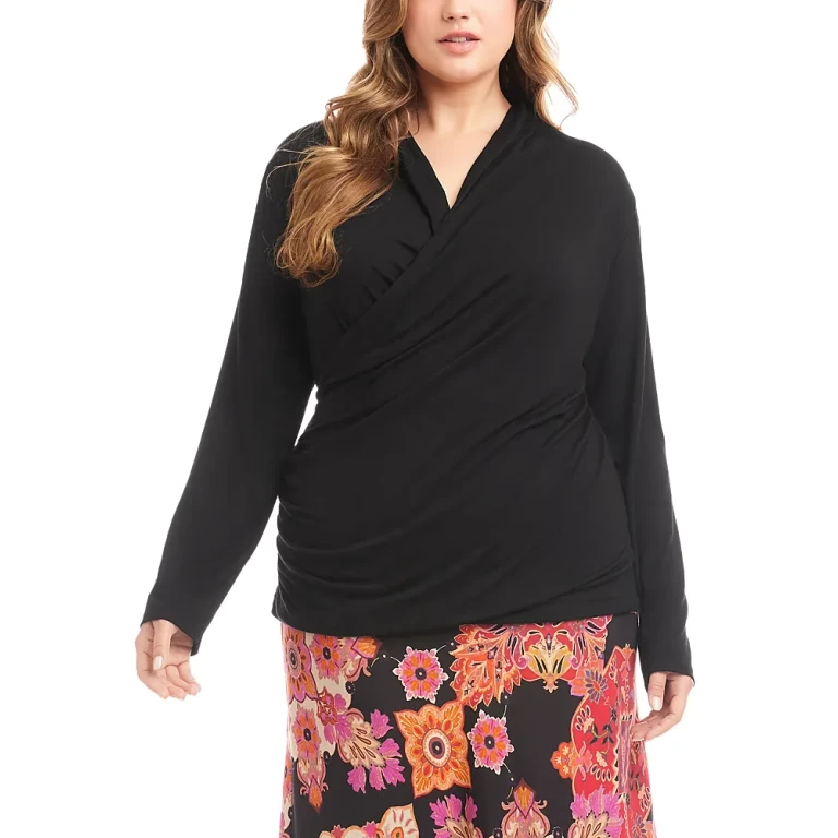 Karen Kane Plus Long Sleeve Crossover Side Shirred Top